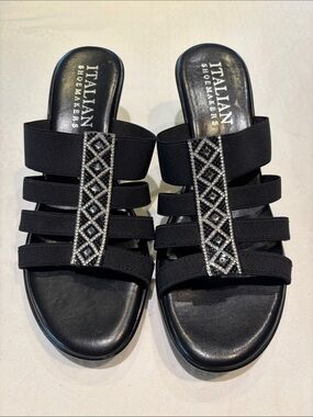 Italian Shoemakers Black Multi-Strap Slide Sandals with Rhinestone Trim